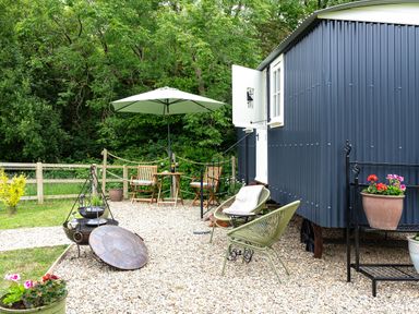 An outdoor seating area with a small table two chairs an umbrella and a blue shepherds hut surrounded by trees at Bedwen in Aberaeron