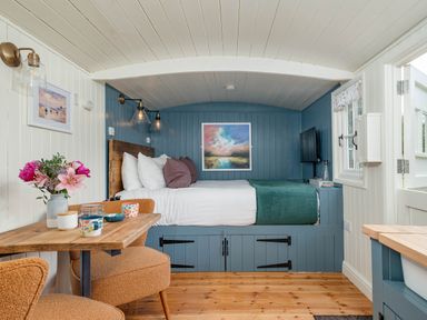 A small room with a bed against a blue paneled wall a wooden table with two chairs and flowers on the table at Bedwen in Aberaeron