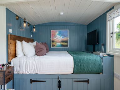 A bedroom with a bed with white sheets and green blanket against blue paneled walls with a painting and a mounted tv by a window at Bedwen in Aberaeron