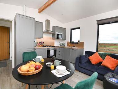 A kitchen with grey cabinets a black round table with fruit and cups and a navy blue sofa with orange cushions at Cae Bedw Llanfair Caereinion