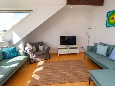 A living room with sofas armchair television and a rug at Ocean View in Alnmouth