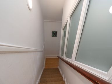 A narrow staircase with carpeted steps and a wooden handrail along a frosted window at Ocean View in Alnmouth