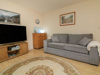 A living room with a grey sofa cushions a wooden chest of drawers and a television on a wooden stand at Archie's Minehead