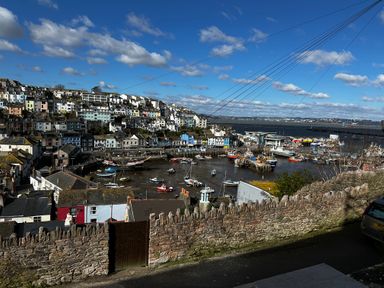 A harbor with boats and colorful houses on a hillside at Fishnets in Brixham