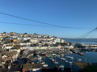 A harbor with boats and colorful houses on a hillside at Fishnets in Brixham