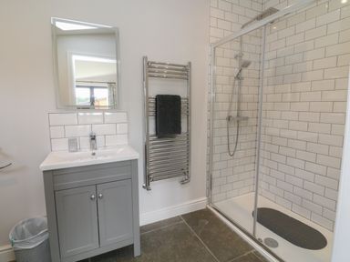 A bathroom with a sink cabinet mirror towel rail and shower at Silver Birch in Dolton