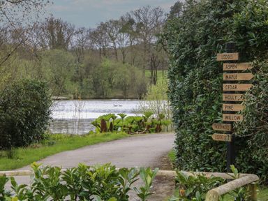 A pathway next to a lake with wooden directional signs among bushes at Aspen in Dolton