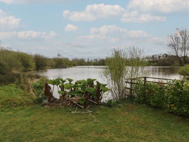 A lake surrounded by trees and bushes with a patch of grass and a wooden fence at Maple in Dolton