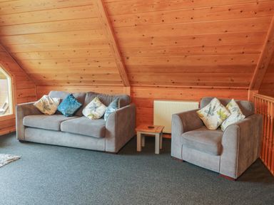 A sitting area with a sofa and armchair with cushions wooden walls and a small table at Cedar in Dolton