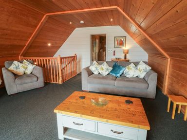 A living room with sofa armchair coffee table and wooden walls and ceiling at Cedar in Dolton