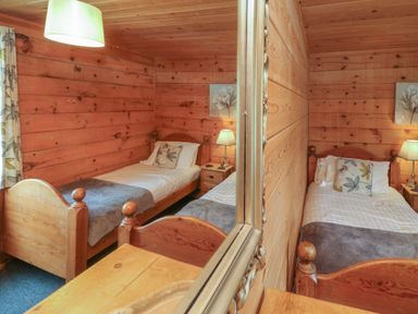 A bedroom with two single wooden beds a bedside table with a lamp and a floral cushion at Holly in Dolton