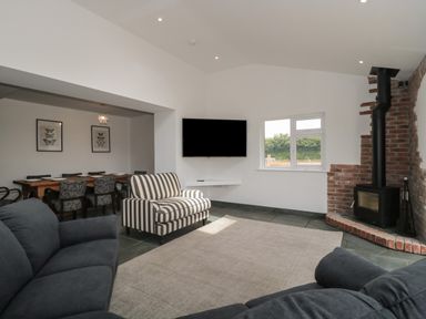A living room with sofas a striped armchair a wall mounted tv a wood stove and a dining table in the background at Primrose Cottage in Brendon Hill near Roadwater