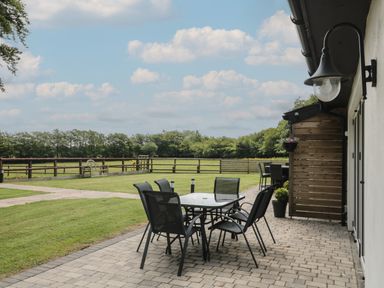 An outdoor patio with a table and six chairs next to a house with a light fixture and potted plants overlooking a fenced grassy yard at Primrose Cottage in Brendon Hill near Roadwater