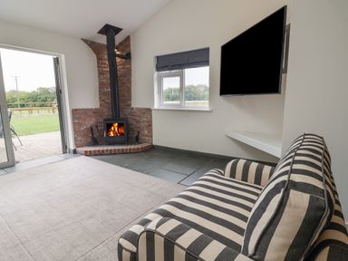 A room with a striped sofa a wood burning stove window and a wall mounted television at Campion Cottage in Brendon Hill near Roadwater