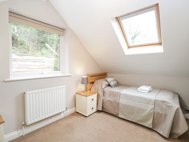 A bedroom with a single bed a bedside table with a lamp a window and a skylight at The Brambles in Monmouth