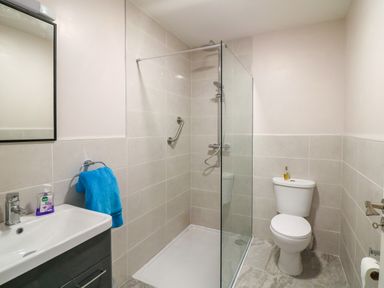 A bathroom with a shower area a toilet a sink with a mirror and a blue towel at The Farm Cottage in Athy County Kildare