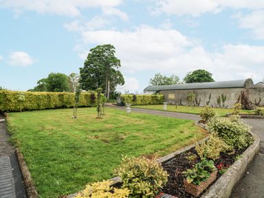 A garden with grass lawn small trees and shrubs along a driveway at The Farm Cottage in Athy County Kildare