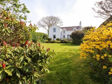 A garden with green grass and flowering bushes in front of a white house at Bryn Tirion in Morfa Nefyn