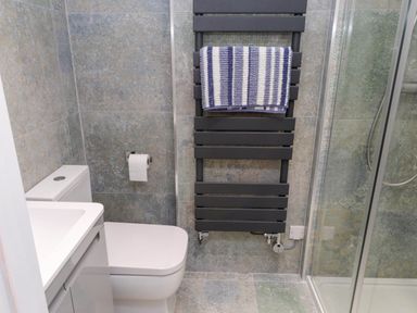 A bathroom with a toilet sink towel radiator and shower at Bryn Tirion Morfa Nefyn