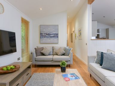 A living room with two sofas pillows a wooden coffee table with a plant and a magazine and a TV on the wall at 10 Stonerush Valley in Lanreath near Looe