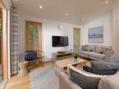 A living room with sofas a coffee table a TV on a wooden cabinet and windows with blinds at 10 Stonerush Valley Lanreath near Looe