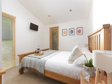 A bedroom with a wooden bed frame a blanket and pillows a small wooden nightstand with a lamp and plant two windows with blinds and three framed pictures on the wall at 10 Stonerush Valley Lanreath near Looe