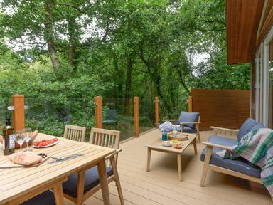 An outdoor wooden deck with a dining table set with food and drinks and a seating area with cushions and a blanket surrounded by trees at 10 Stonerush Valley in Lanreath near Looe