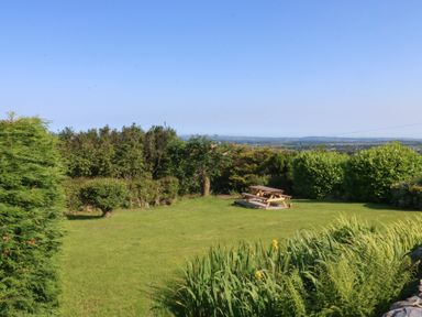 A garden with a picnic table and trees at Tan Y Merddyn Ceunant near Llanrug