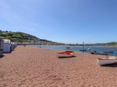 A beach with small boats on the sand and water near houses and a hill at Beach Hut 5 in Shaldon
