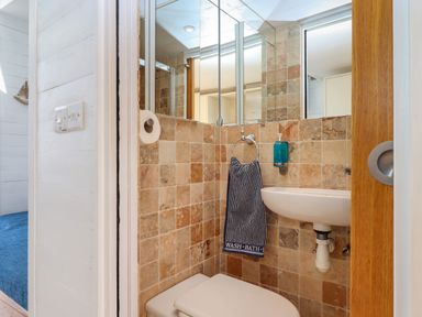 A small bathroom with tiled walls a toilet a sink with blue soap a blue washcloth and mirrored cabinet at Beach Hut 5 in Shaldon