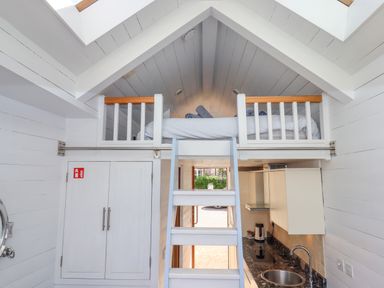 A small room with a loft bed accessed by white wooden ladder and a kitchen area below at Beach Hut 5 in Shaldon
