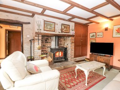 A living room with a fireplace a white armchair a coffee table with cards and a television at Loanview in Cornhill-On-Tweed