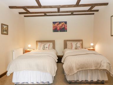 A bedroom with two single beds with beige bedding and rabbit cushions two bedside tables with lamps and wall art at Loanview in Cornhill-On-Tweed