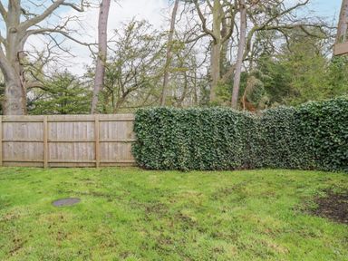 A garden with green grass a wooden fence and ivy-covered hedge at The Fullerton in Belsay