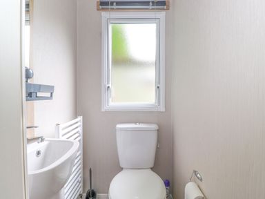 A small bathroom with a toilet sink window and toilet brush at Eltons Escape Pony Meadow 3 White Cross Bay near Windermere