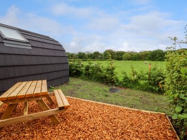 A wooden picnic table on wood chips next to a building with a black roof and green fields with grazing sheep in the background at Moel Famau in Bryniau Clwyd near Denbigh