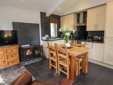 A kitchen with wooden dining table and chairs a fireplace a TV and white cabinets at The Blacktail in Llanerch Park near St Asaph