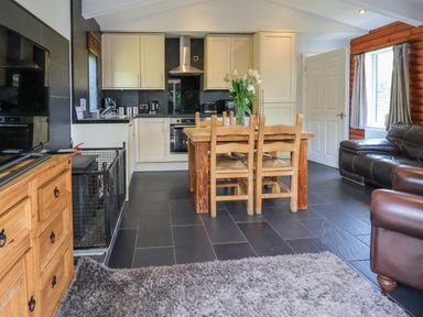 A kitchen and dining area with wooden chairs and table a sofa and television at The Blacktail in Llanerch Park near St Asaph