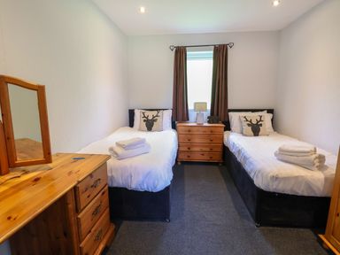 A bedroom with two single beds a dresser and nightstand at The Blacktail in Llanerch Park near St Asaph
