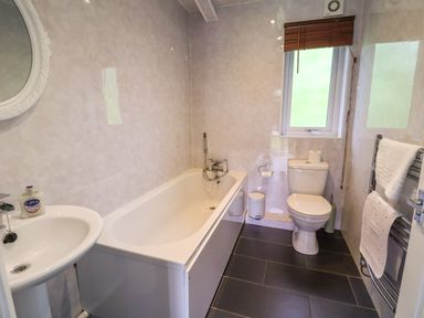 A bathroom with a bathtub sink toilet window and towel rack at The Blacktail in Llanerch Park near St Asaph