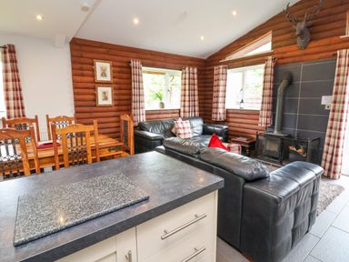 A living room with black leather sofas a wood burning stove and a dining table at The Buck in Llanerch Park near St Asaph
