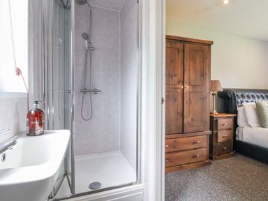 A bathroom with a shower and sink next to a bedroom with wooden furniture at The Buck in Llanerch Park near St Asaph