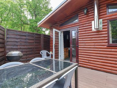A patio with a glass top table plastic chairs a barbecue grill and a wooden cabin at The Buck in Llanerch Park near St Asaph