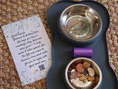 A dog feeding station with a water bowl and a bowl of dog treats beside a welcome note at Victory View in Pendeen