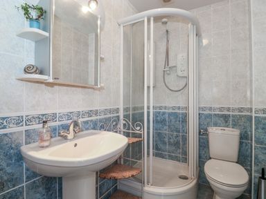 A bathroom with a pedestal sink shower enclosure toilet and wall mirror at Sweden Bridge Cottage in Ambleside