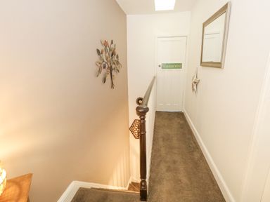 A carpeted staircase landing with a railing a door labeled washroom a wall mirror and metal leaf wall art at Garibaldi Cottage in Weymouth