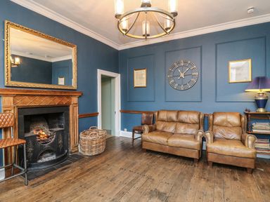 A sitting room with leather sofas wooden floor fireplace and a large mirror at Llwynderw Hall in Abergwesyn near Llanwrtyd Wells