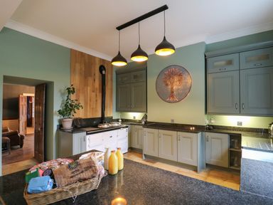 A kitchen with green cabinets black countertops hanging lights and a basket of groceries on the island at Llwynderw Hall in Abergwesyn near Llanwrtyd Wells