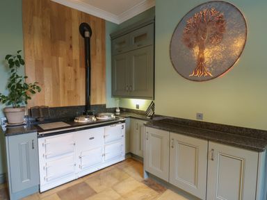 A kitchen with white stove, green cabinets, wooden backsplash, plant on counter and metal tree wall art at Llwynderw Hall in Abergwesyn near Llanwrtyd Wells