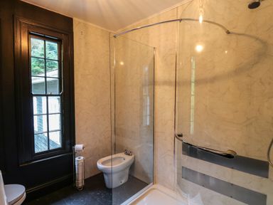 A bathroom with a bidet a window and a glass enclosed shower at Llwynderw Hall in Abergwesyn near Llanwrtyd Wells